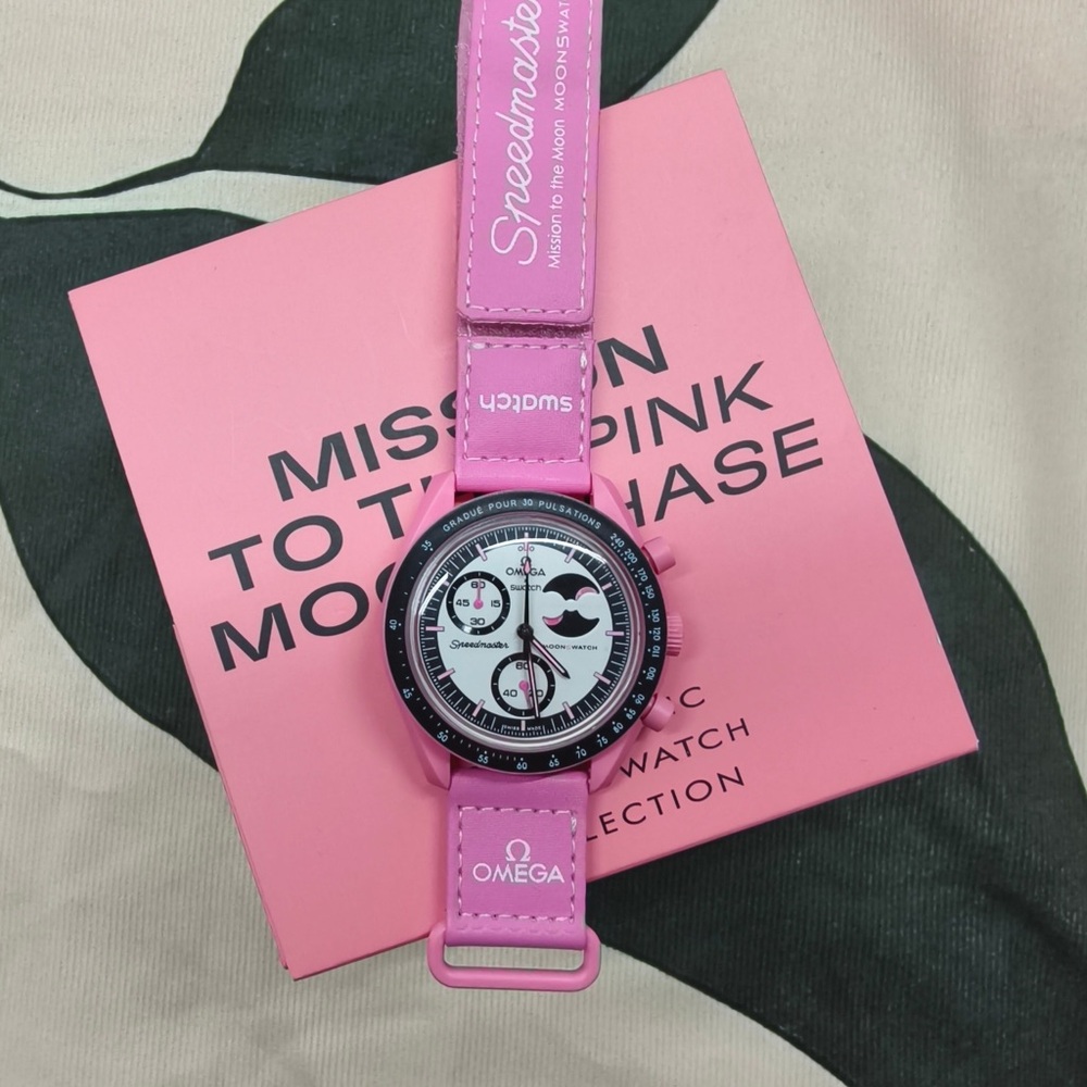 NWT Swatch Omega Pink Moonphase Watch - Full Set w/ Box & Papers